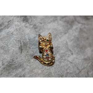 Cute Vintage c1980 Gold-Tone Multi-Color Rhinestone Glam Cat Lapel Pin Tie Tack